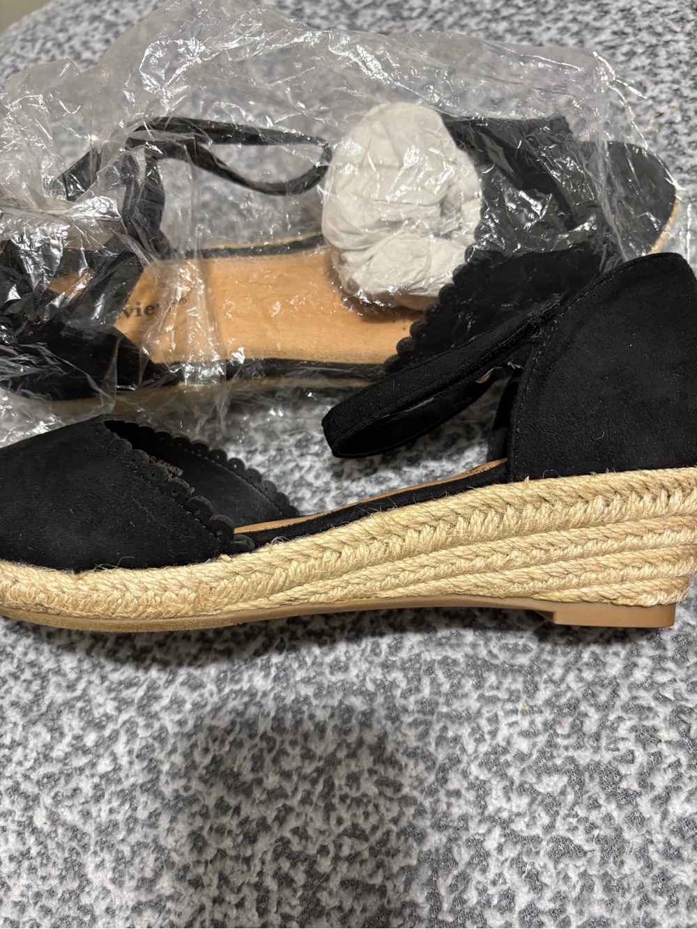 Charlies Black Espadrille Wedge Sandals with Scalloped Edge